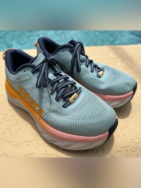 Hoka One One Bondi 7 Wide Blue Orange Pink Running Shoes Women Size 8 in VGC